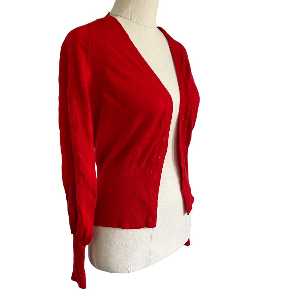 MODA INTERNATIONAL Sz S 100% Merino Wool red statement cardigan - Picture 3 of 11
